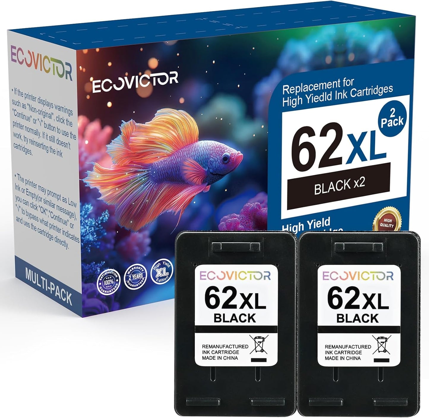 EcoVictor Remanufactured 62XL Ink Cartridges (2 Black) Compatible for HP Ink 62 62XL HP62 for Envy 5540 5542 5545 5640 5642 5660 5665 7640 7645 OfficeJet 5740 5742 5745 8000 8040 200 250 Printer 62 XL