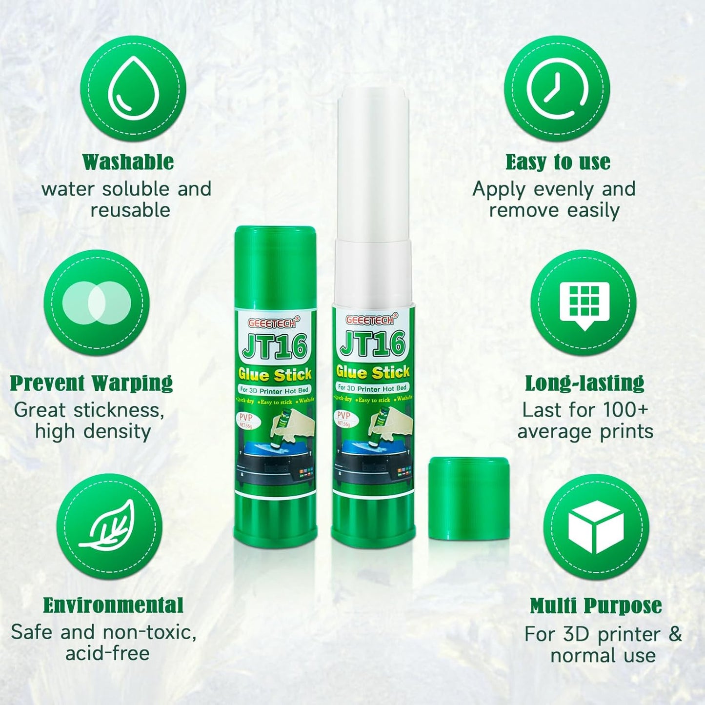 3D Printer Glue Sticks, 36 Grams Each PVP Solid Glue Sticks for Hot Bed Plate, Washable, Non-Toxic, Reduce Warping for PLA, ABS, PETG, HIPS, TPU Filament on PEI, Glass, Aluminum, Buildtak Board, 6Pcs