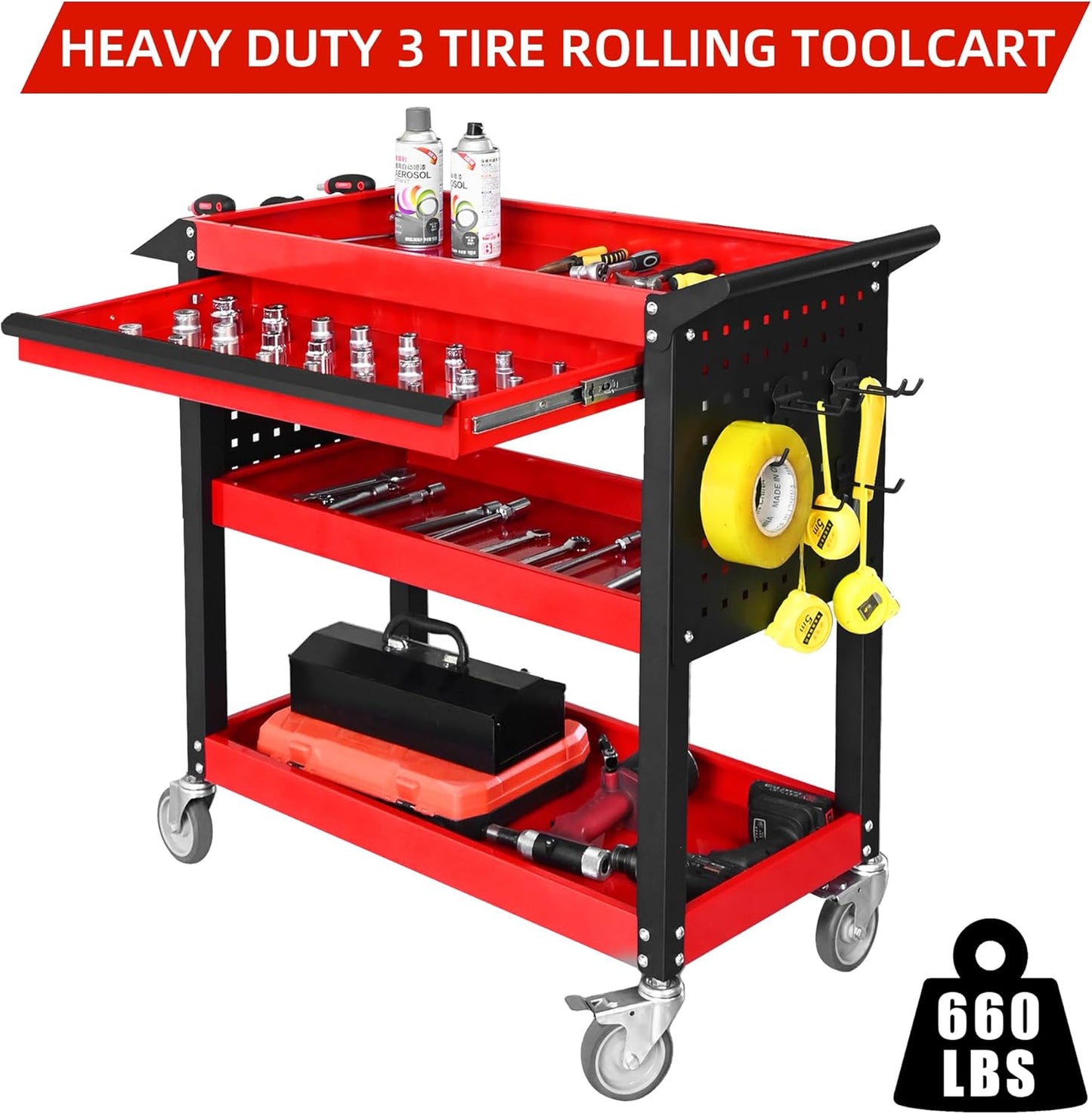 3 Tier Tool Cart on Wheels, Heavy Duty Metal Rolling with Drawers and Pegboards, 660 LBS Load Capacity Tool Storage Cart, Industrial Utility for Garage, Warehouse, Workshop