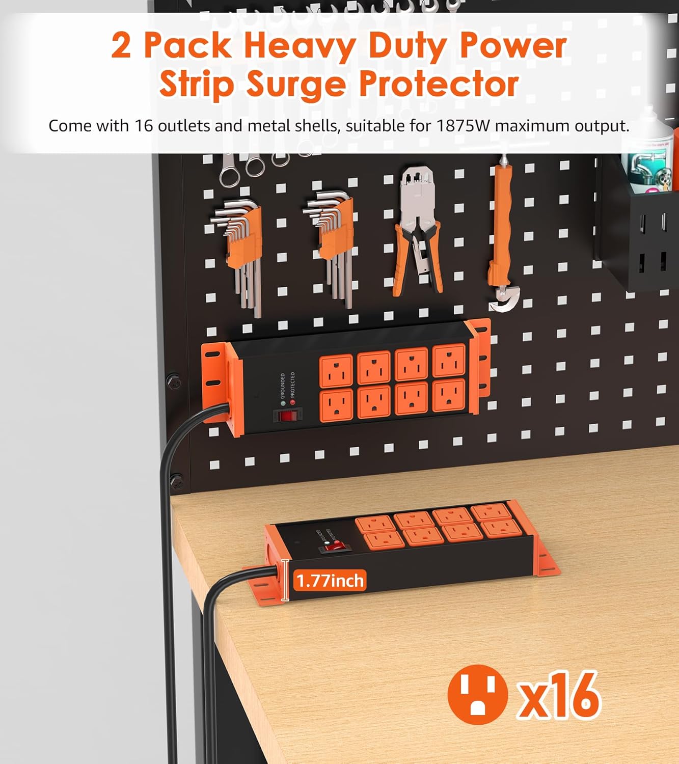 2 Pack Heavy Duty Power Strip 8 Outlets, Work Shop Outlet Strip Surge Protector 4800J, Industrial Metal 15Amp Power Strip, 6FT Extension Cord, ETL Listed