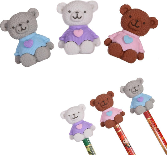 18Pcs Pencil Top Erasers for Kids, 3D Cute Bear Pencil Toppers, Bulk Fun Pencil Cap Easters for School Classroom Supplies Prize Gifts Party Favors
