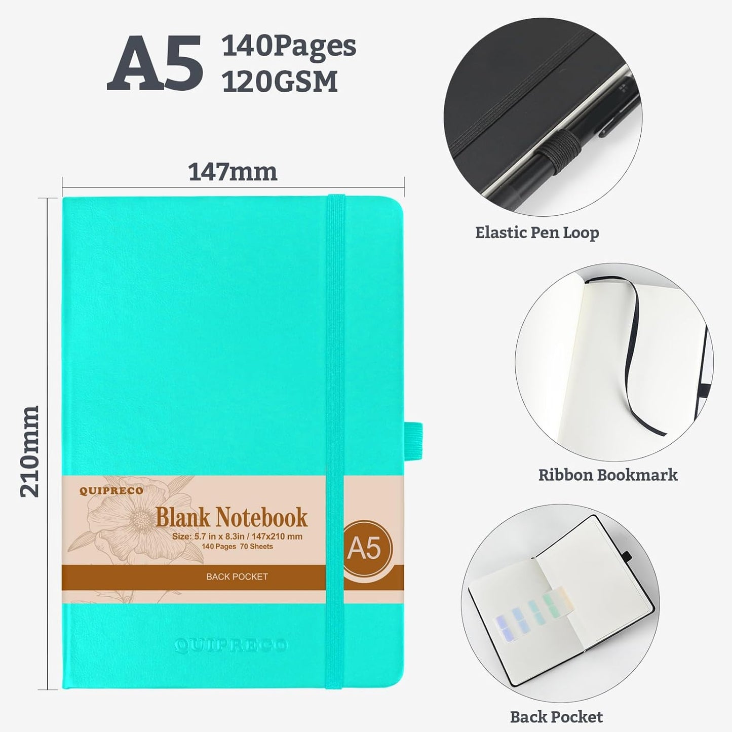 Blank Hardcover Sketch Book Notebook, A5 140 Pages 120Gsm Thick Journal for Drawing,School,Work,Diary，5.7''*8.3'',Turquoise
