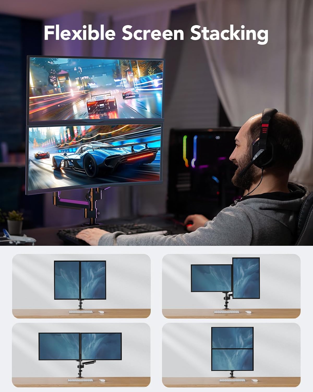 HUANUO Dual Monitor Mount up to 32 inches Screens, Taller Monitor Stand Hold 19.8lbs, Dual Monitor Arm Desk Mount Easy Adjustable with Tilt, Swivel, Rotation, VESA 75/100mm