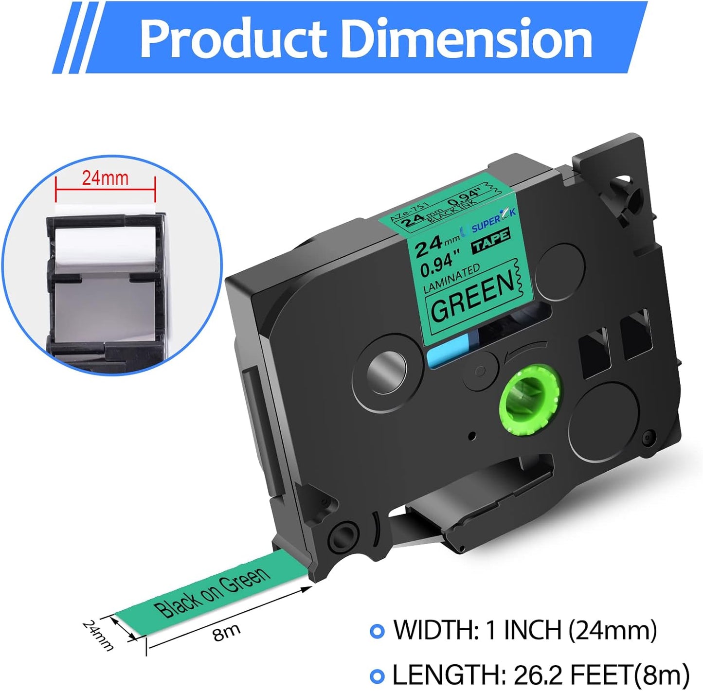 8PK Compatible for Brother P-Touch Label Maker Tape TZe-751 TZ-751 TZe751 TZ751 Black on Green 24mm 0.94 inch 1'' x 26.2ft Laminated TZe TZ Label Tape for PT-2730 PT-2730VP PT-3600 PT-7500