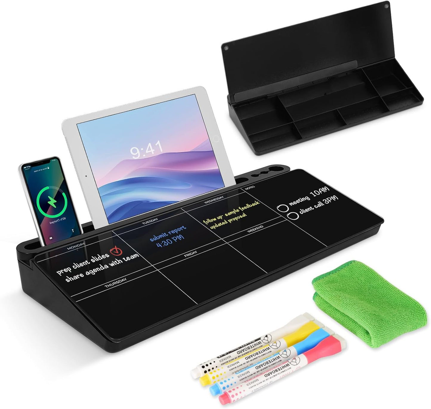 Desktop Glass Whiteboard with Storage, Weekly Calendar Desk Dry Erase White Board, Desk Organizers and Accessories, Weekly Planner Board for List, Planning, Memo, Note, Office, Home, College, School