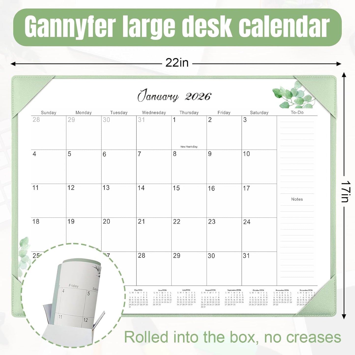 Gannyfer Large Desk Calendar 2025-2026 with Desktop Mat, 22" x 17" Desktop Pad Calendar, 18 Month Table Calendar from July 2025 to Dec 2026, Office Supplies Perfect for Home and Office (Green)