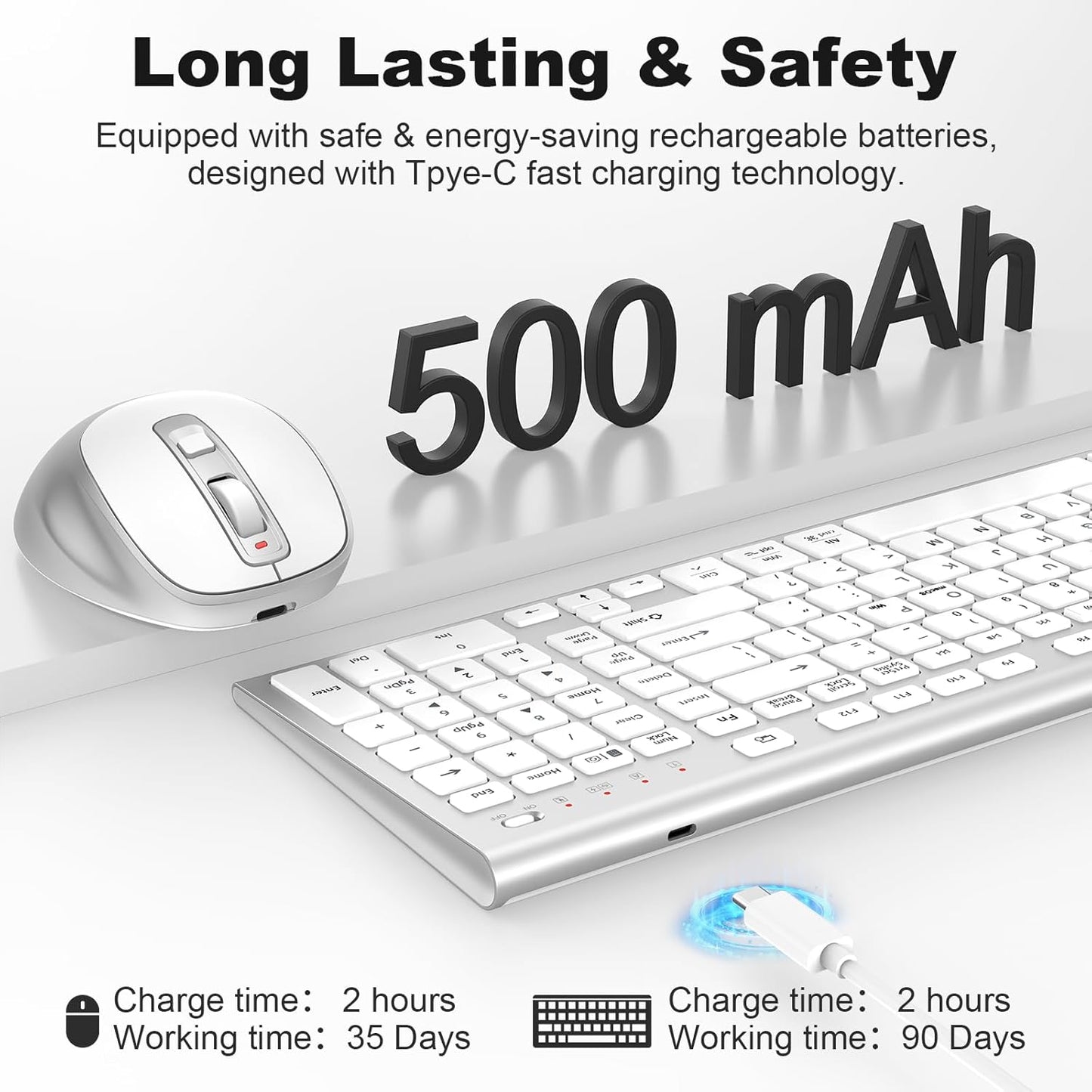 FENIFOX Wireless Keyboard and Mouse, Ergonomic Rechargeable Silent Quiet Slim Compact Full-Size USB C with Number Pad Flat Soft Cover for PC Computer Laptop Mac MacBook iMac TV Windows - Silver White