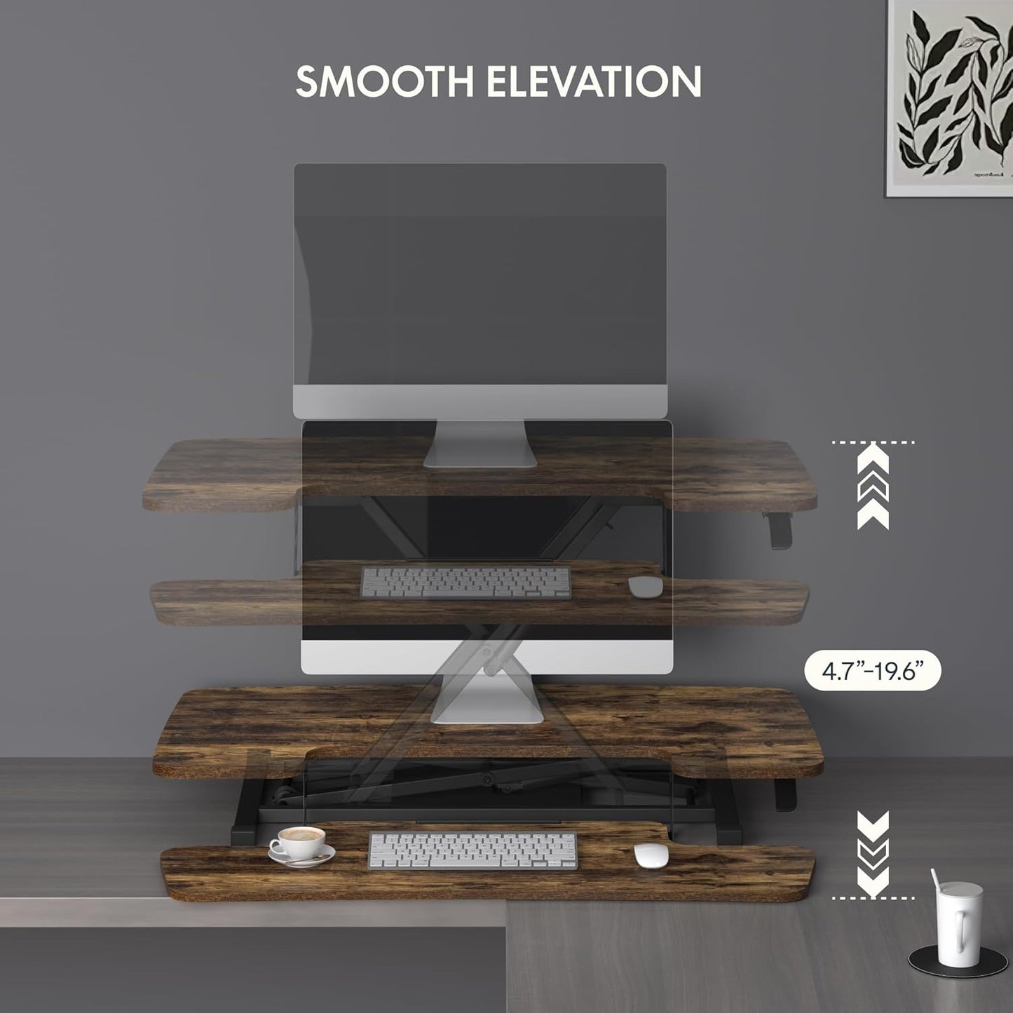 FLXISPOT 36" Standing Desk Converter, Quick Sit Stand up Desktop Riser Height Adjustable Monitor and Laptop Workstation with Keyboard Tray, Rustic Color