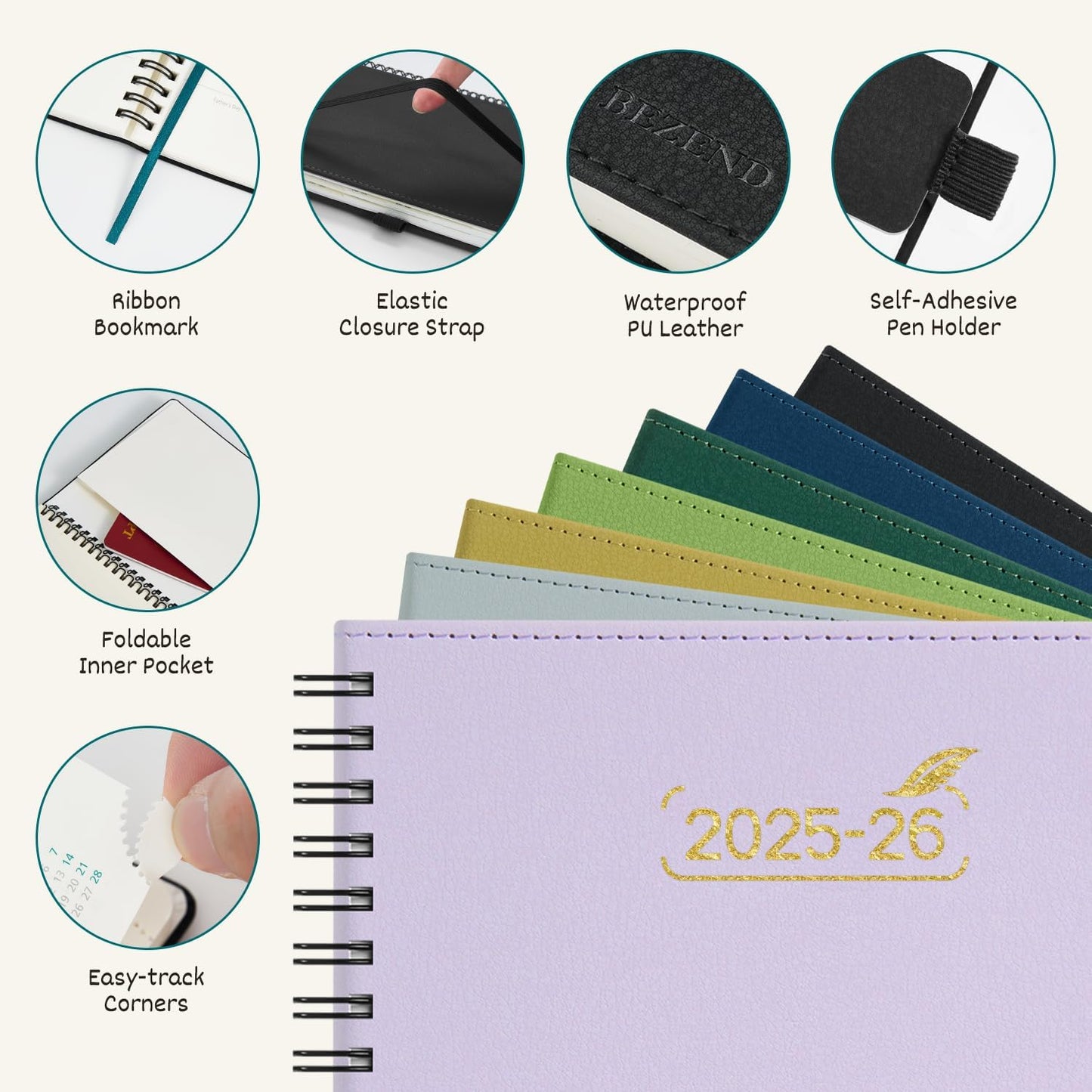 BEZEND Pocket Planner 2025-2026 Weekly with 2 Columns, 18-Month Academic Calendar (Jul 25-Dec 26), Life Work App., Storage Pocket, Pen Holder, PU Leather Softcover 3.5" x 6" Spiral - Prussian Blue