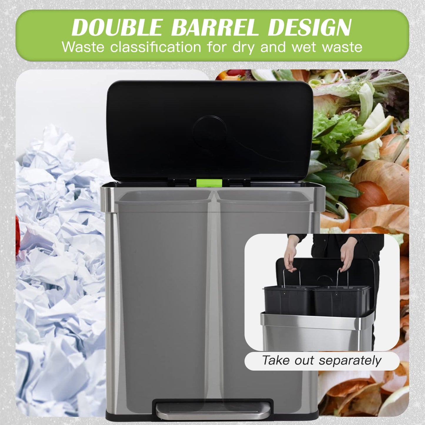 60 Liter Trash Can Soft-Close, Smude Resistant Trash Can with Foot Pedal-Brushed Stainless Steel and Two Independent Drums Waste Bin for Home, Kitchen, Office, Bathroom