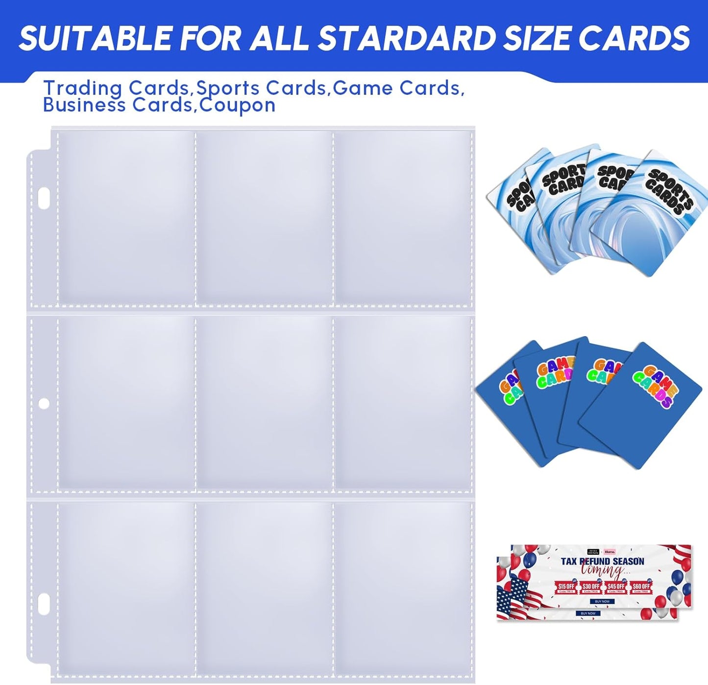 80 Pack 9 Pocket Trading Card Sleeve Pages,Page Protectors Card Sleeves Binder Sheets for 3 Ring Binder,Card Binder Sleeves for Baseball, Football, Game Sport Business Cards