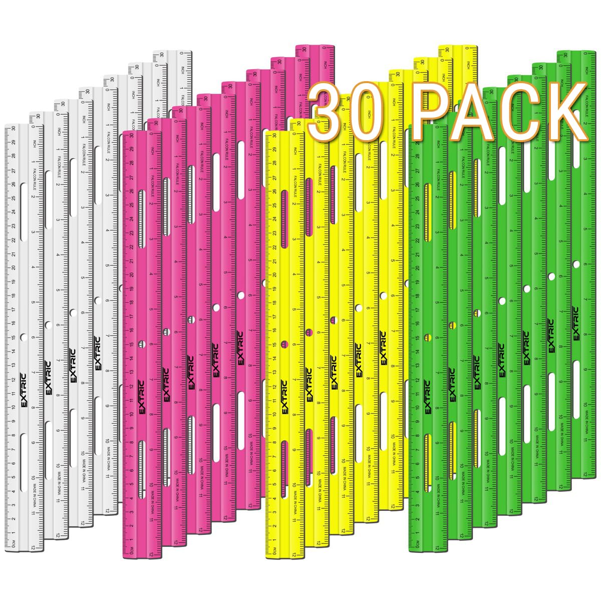 Clear Plastic Rulers 12 Inch, Rulers Bulk for Classroom Assorted Colors 30 Count Metric and Inches Ruler, Shatterproof Ruler 12 Inch