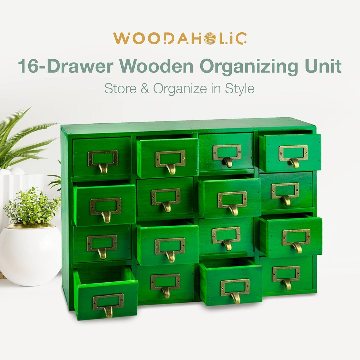 Emerald Green Wood 16-Drawer Apothecary Small Cabinet - 20" x3.6”x14” Card Catalog Style Table Top Organizer - Wooden Storage Box w/16 Drawers - 4-Level Countertop Organizer w/Label Holders & Handles