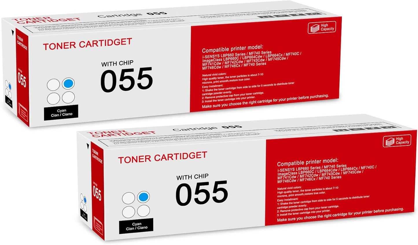2 Pack 055 3015C001 Cyan Toner Cartridge: Compatible CRG-055 Replacement for Canon i-SENSYS LBP660 MF740 Series ImageClass LBP660C LBP664Cdw MF740C MF741Cdw MF743Cdw MF746Cdw MF740 Series Printer