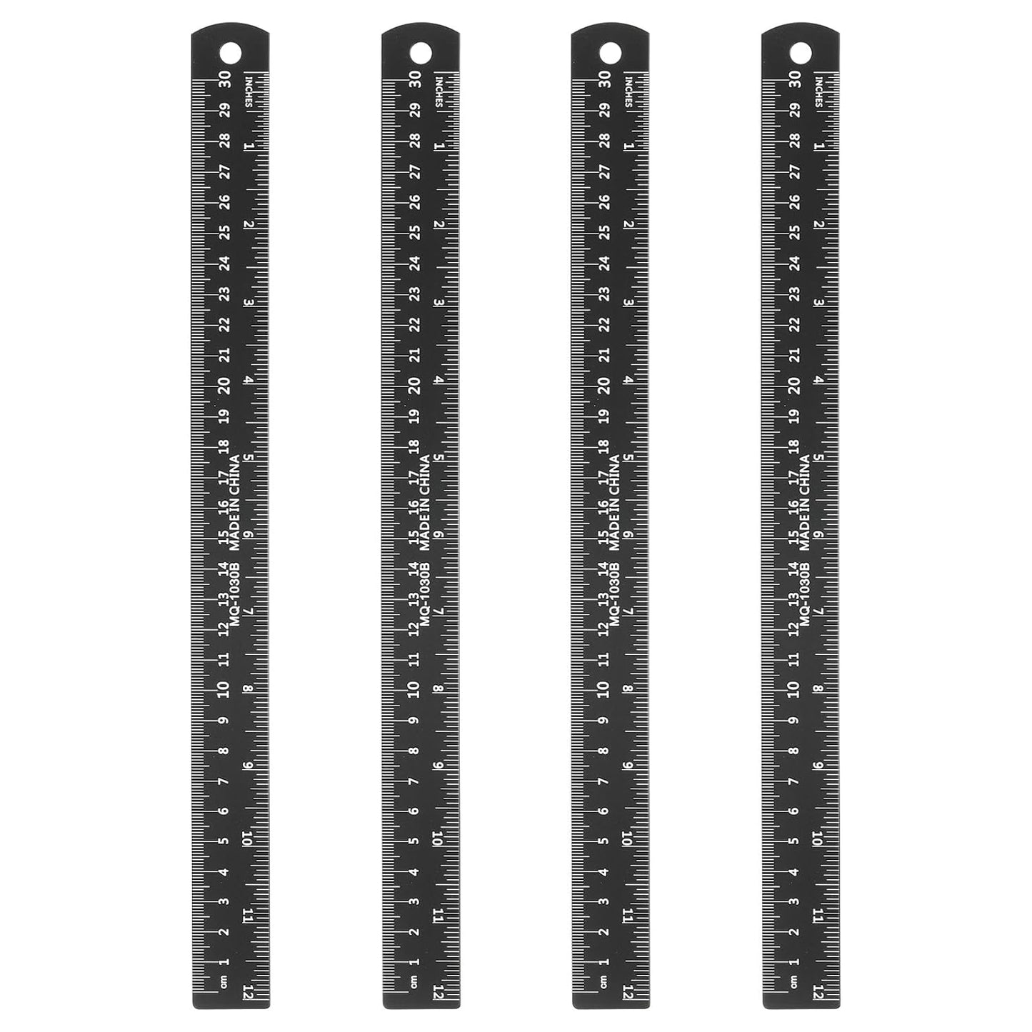 HARFINGTON 4pcs Metal Straight Ruler 30cm Metric SAE Aluminum Alloy Measuring Rulers Scale Tool with Hole for Measure Study Reading Classroom Office, Black
