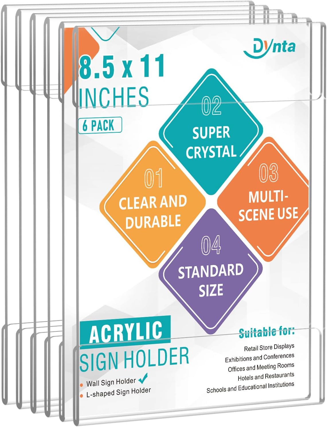 Dynta 6 Pack Acrylic Sign Holder 8.5 x 11 with Double Sided Adhesive Tape, Plastic Sign Holder Wall Mount, Memo Document Flyer Brochure Menu Holder for Office Home Store Restaurant