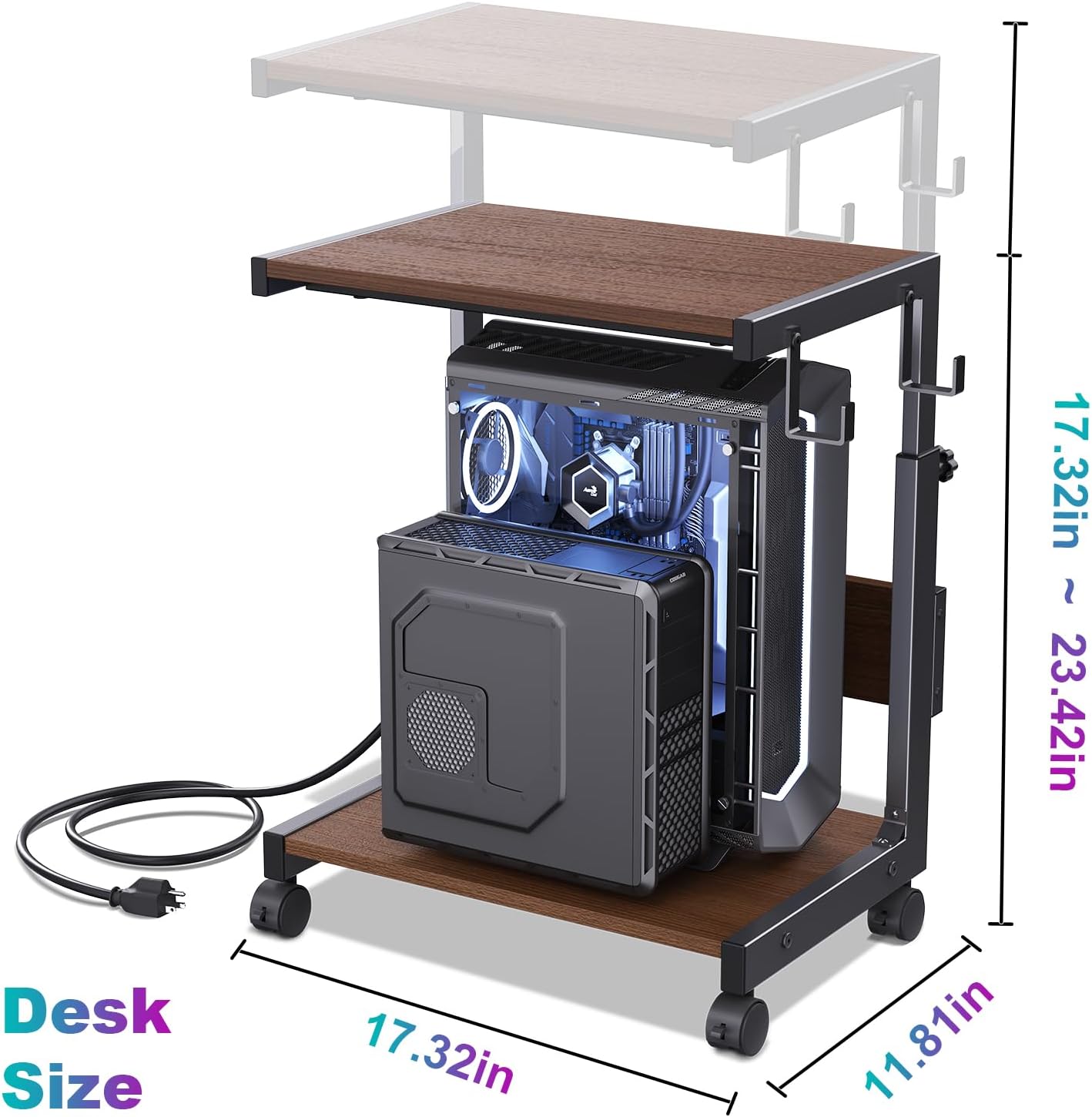 Computer Tower Stand with Charge Station and USB Charging Port - Height Adjustable PC Tower Stand, Under Desk CPU Holder Cart with Locking Caster Wheels for Fits Most PC