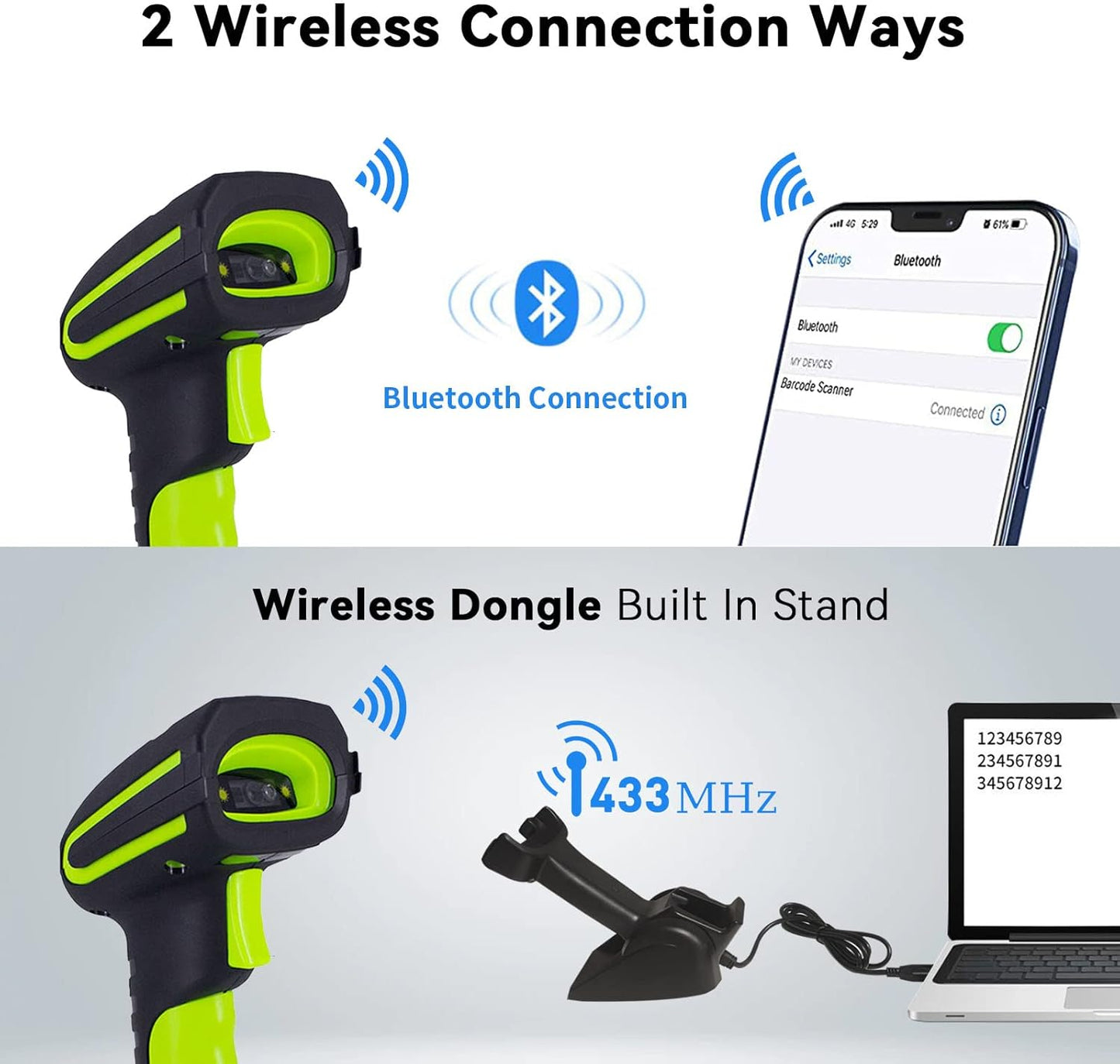 Alacrity Upgraded 2D Industrial Barcode Scanner with Wireless Charging Stand, 1968 Feet Transmission Distance 433Mhz Wireless & Bluetooth 2in1 Barcode Reader, Shock Dust Proof Hands Free, Green