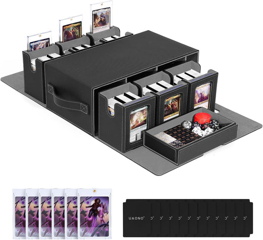Commander Deck Box for MTG, 6-Deck Modular Card Case with Dice Tray Holds 600+ Double-sleeved Cards, Removable Trading Cards Storage Box with 35PT Magnetic Card Holders for TCG, Black Grey