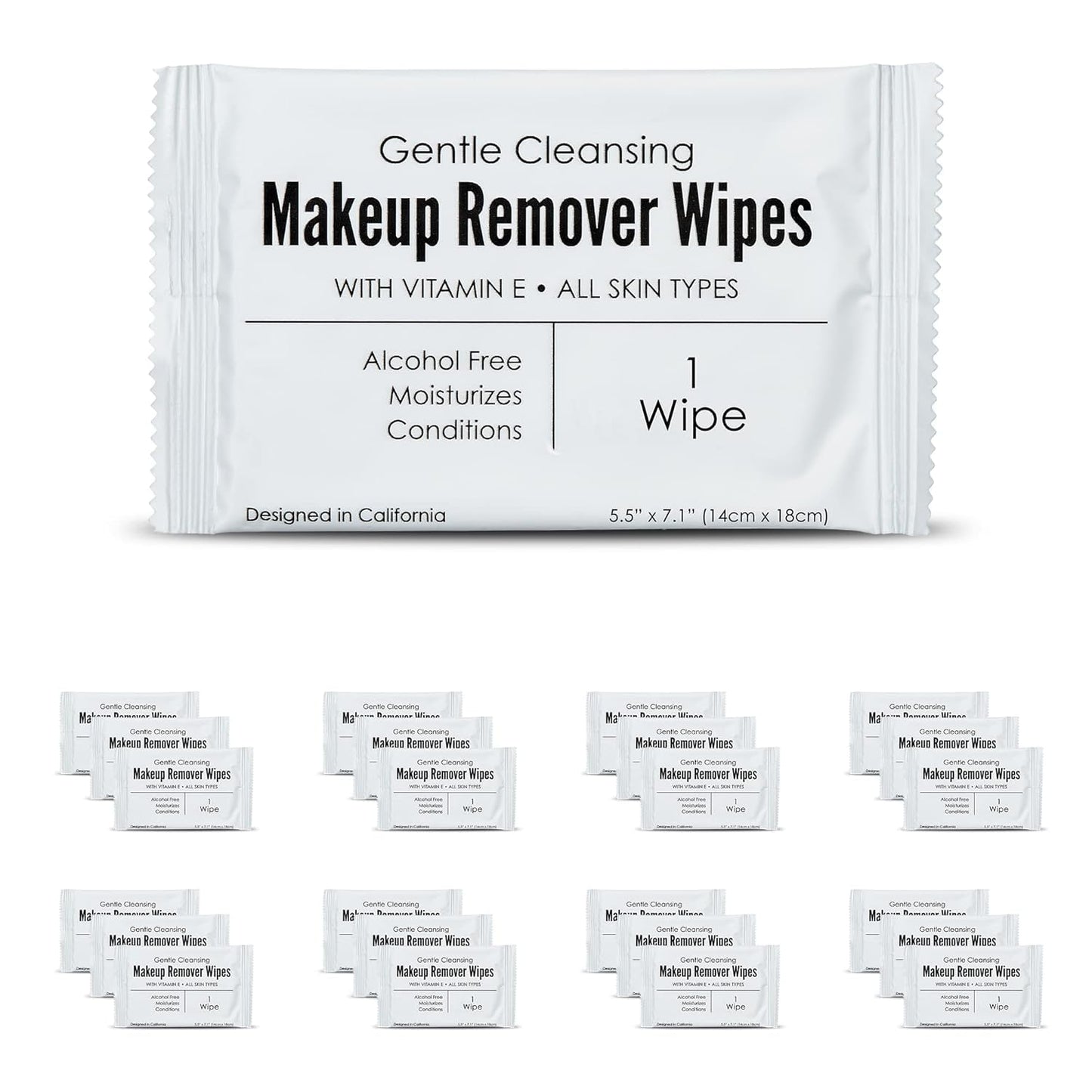 Bulk Makeup Remover Wipes | 500 Count| Individually Wrapped, Gentle Cleansing, Alcohol Free - All Skin Types - Vitamin E - 100% Recyclable, Hotel Travel Size Toiletries