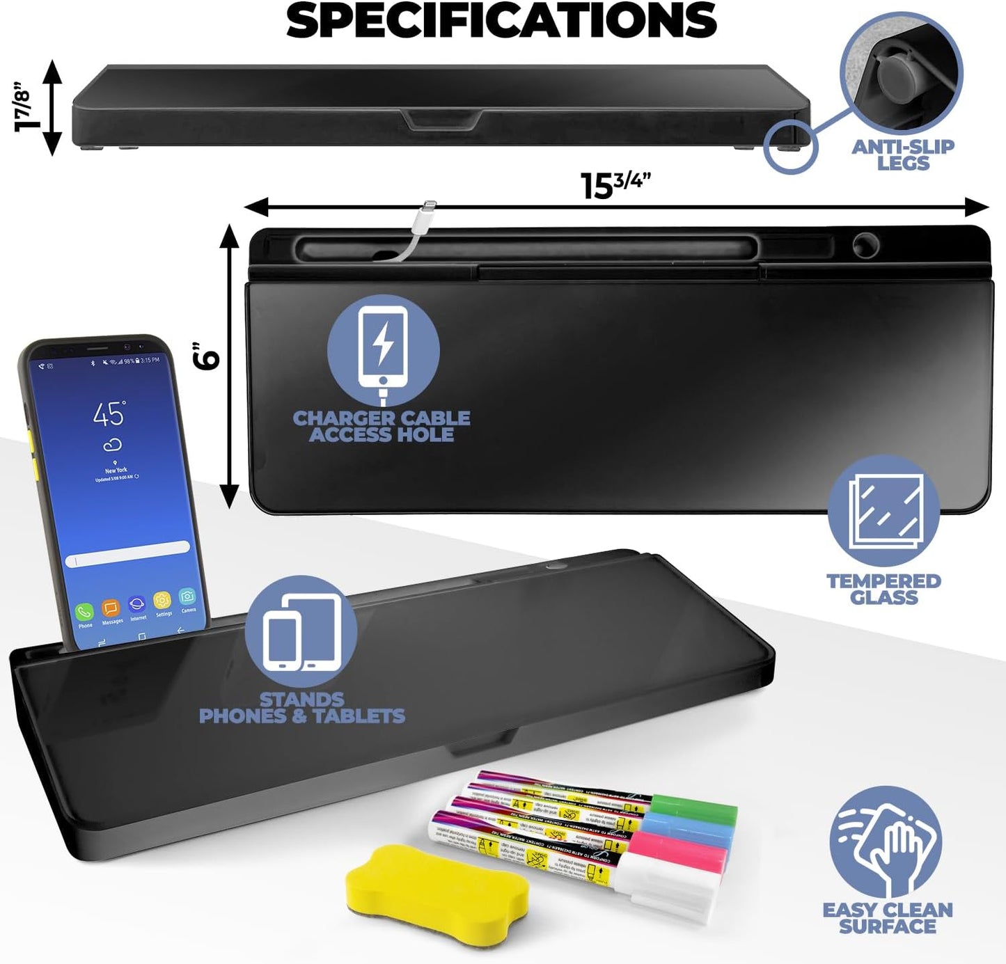 Desktop Dry Erase Board - Glass Erase Board - Black Desk Computer Buddy – Home Office & Studying Essentials - Phone & Tablet Slot, Storage Compartment - Includes 4 Markers, 1 Eraser.