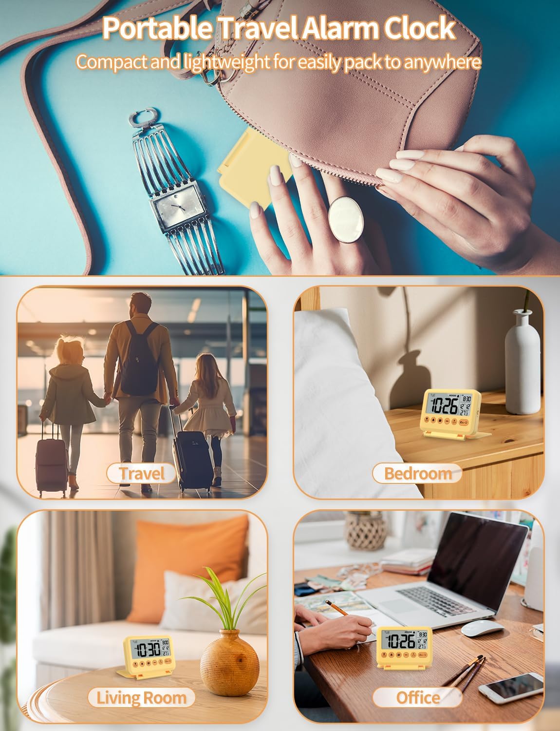 Digital Travel Alarm Clock - 3.54 inch LCD Display, 9-Minute Snooze, 2 Volume Levels, Backlight, Battery Included (Yellow)