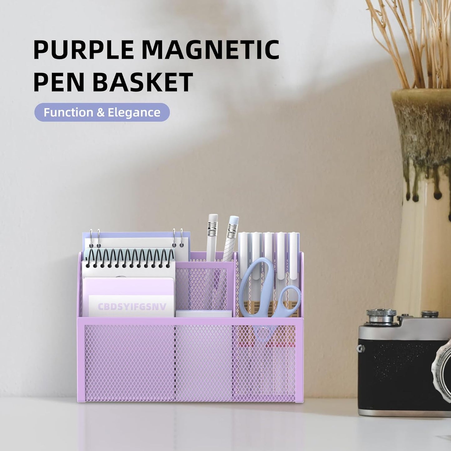 DALTACK Magnetic Pencil Holder - 3-Grid Mesh Shelf for Whiteboard, Refrigerator & Locker - Organizer for Home, School & Office, Purple