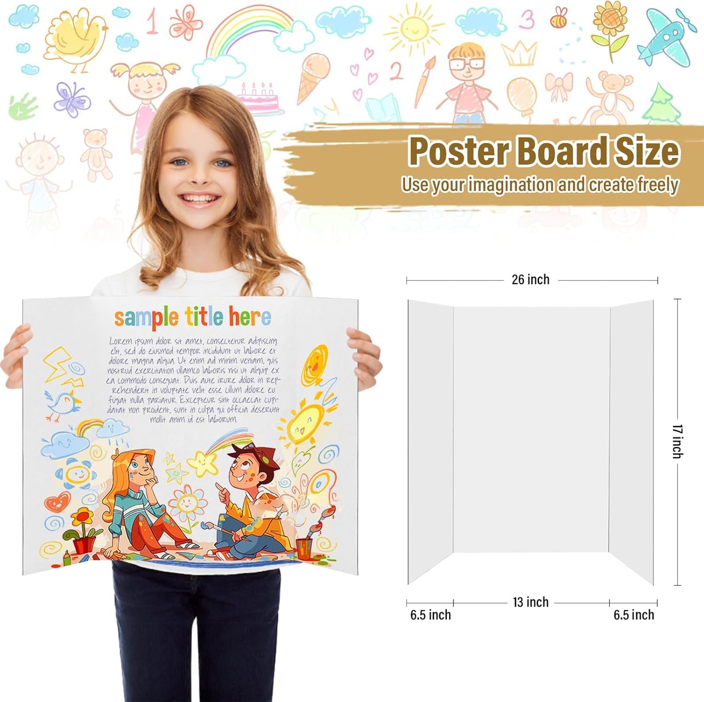 4 Pcs Trifold Poster Board, 26x17 inches White Poster Board Comes with Sticky Accessories, Corrugated Presentation Boards, Display Board for School Projects, Business Presentations