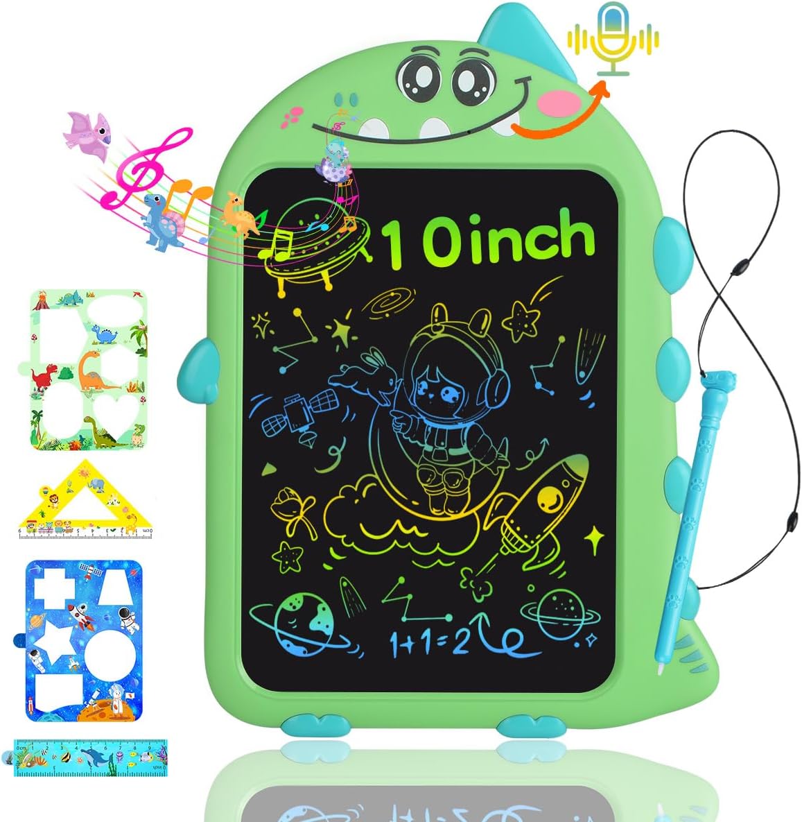 10 Inch LCD Writing Tablet for Kids, Type-C Rechargeable Doodle Board with Dino Sounds, Educational Toy for Toddlers 2-6, Birthday Gifts for 2 Year Old Boy, Toddler Toys for Airplane Travel
