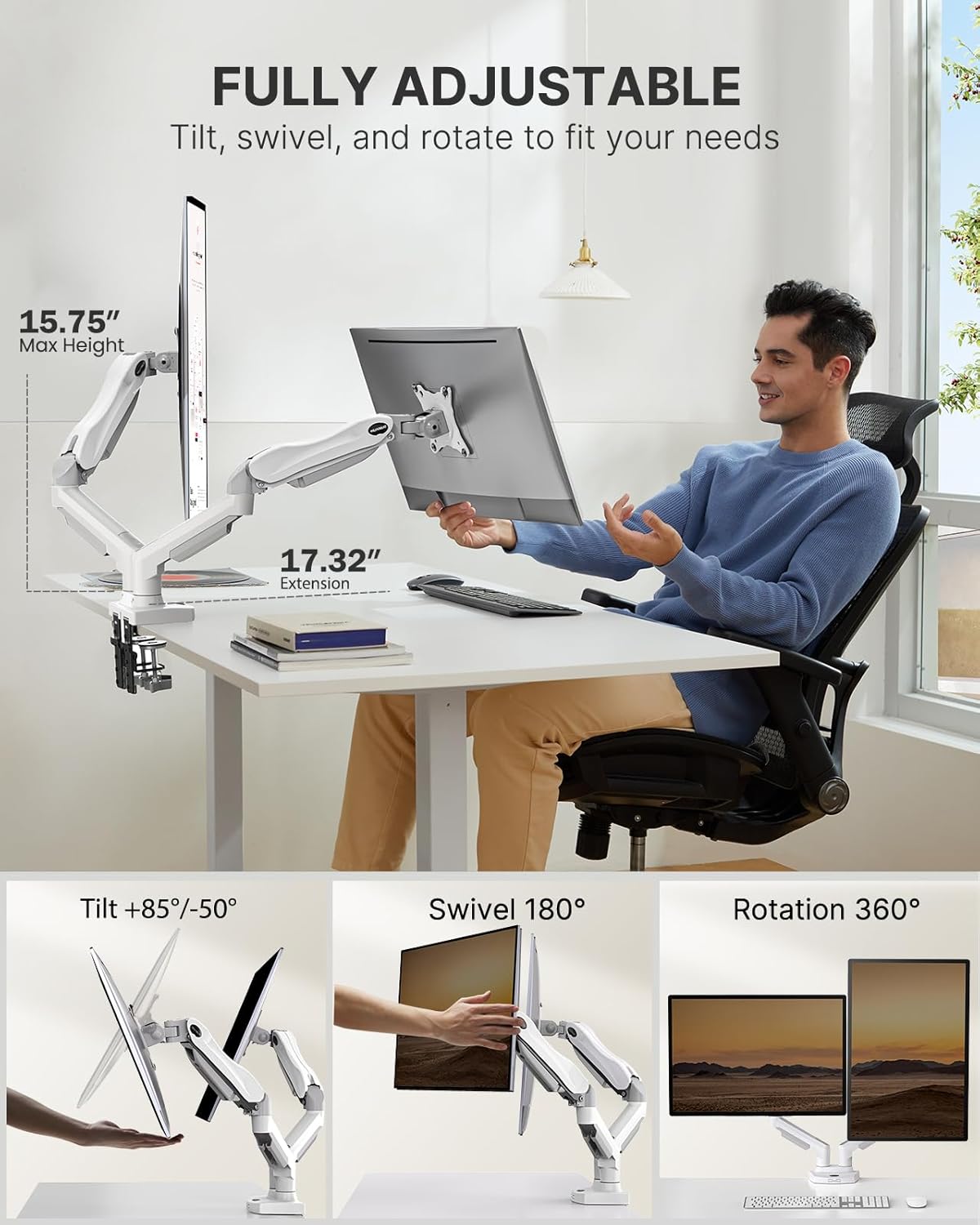 HUANUO Dual Monitor Stand - Full Adjustable Monitor Desk Mount Swivel Vesa Bracket with C Clamp, Grommet Mounting Base for 13 to 32 Inch Computer Screens - Each Arm Holds 4.4 to 19.8lbs - White