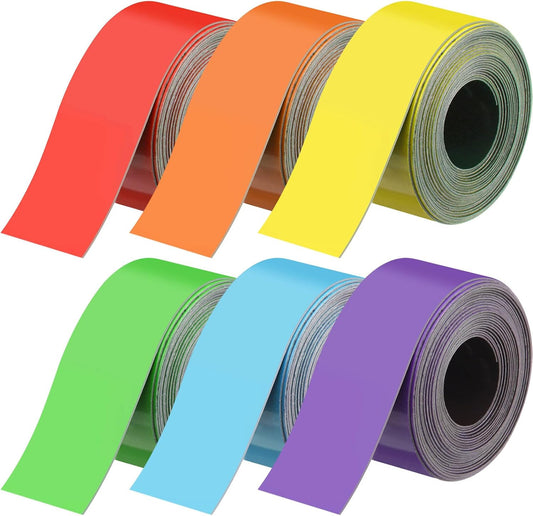 6 Pcs Dry Erase Magnetic Strips for Classroom, 1 In x 9.8 Ft Rainbow Colors Magnetic Tape Roll Blank Magnets Sticky Labels Writable Flexible Magnet Sheet for Whiteboard Refrigerator and Crafts