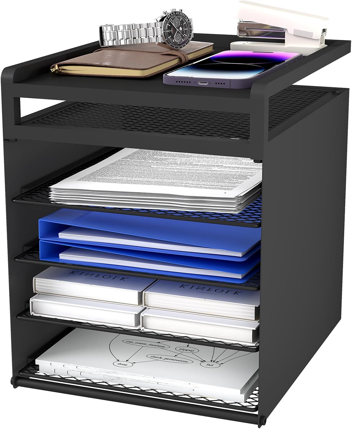 Aothia Desk Organizer with 4 Sliding Trays – Metal File Organizer for Desktop, Hanging Under Desk Organizer and Paper Tray Shelf, Space-Saving Office Document Sorter, Black