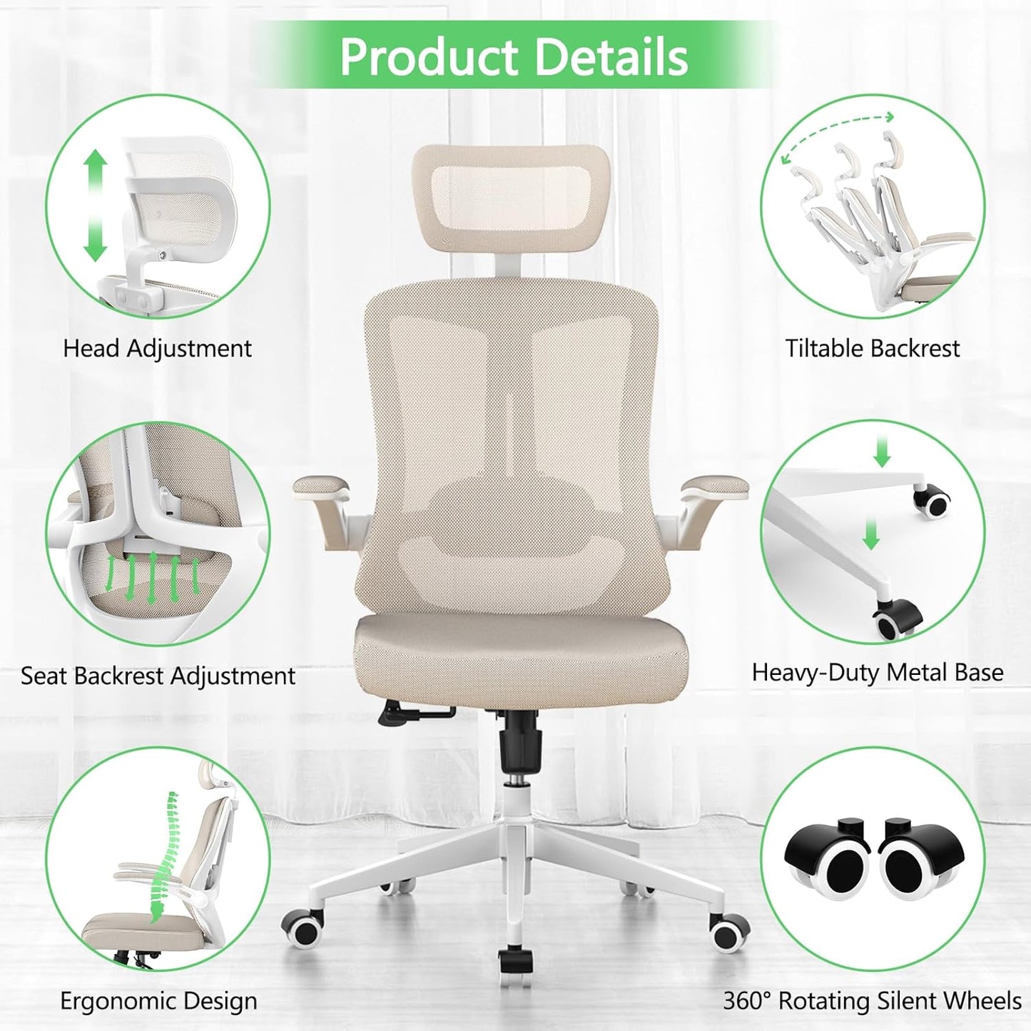 Desk Office Chair, Ergonomic High Back Comfy Computer Chairs with Wheels, Swivel Gaming Home Mesh Chair Comfortable Lumbar Support, Comfy Arms for Study, Home,Bedroom（Khaki）