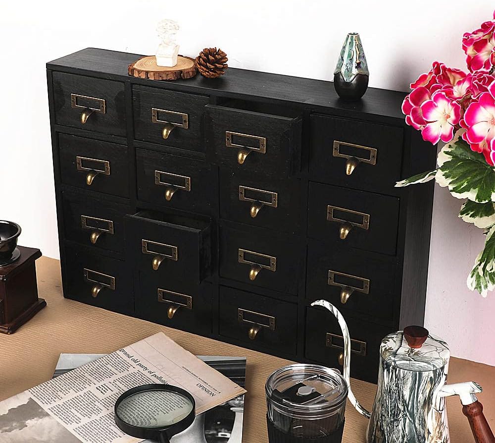 16 Drawers Apothecary Cabinet with Drawers Tabletop Apothecary Chests and Cabinets Library Card Catalog Cabinet Herb Storage Box Wooden Desk Drawer Organizer Medicine Vintage Furniture(BLACK)