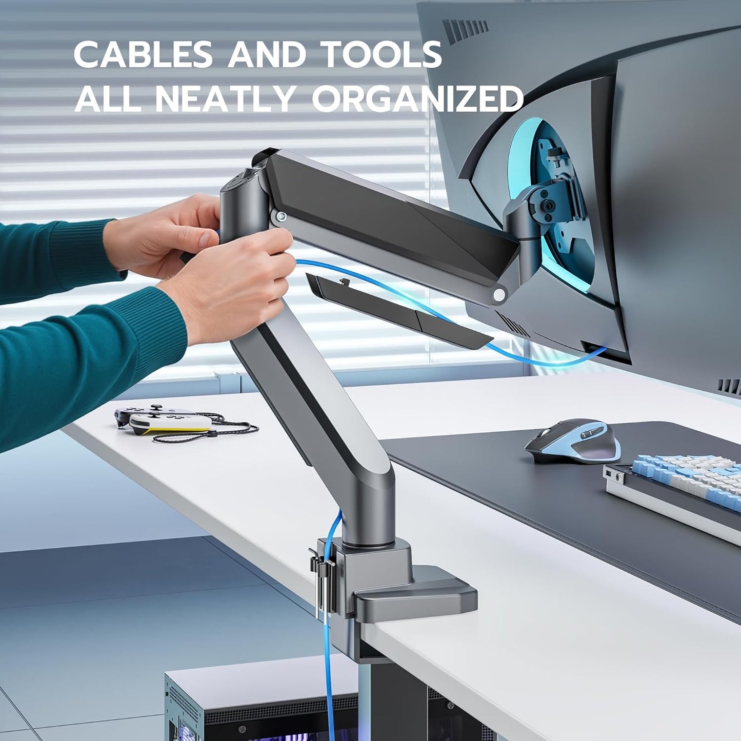 ARES WING Single Monitor Arm, Heavy Duty Adjustable Monitor Arm for 13"-45" Screens with USB, Gas Spring Desk Mount Stand with C Clamp/Grommet Mounting Base up to 40lbs Computer, Gray