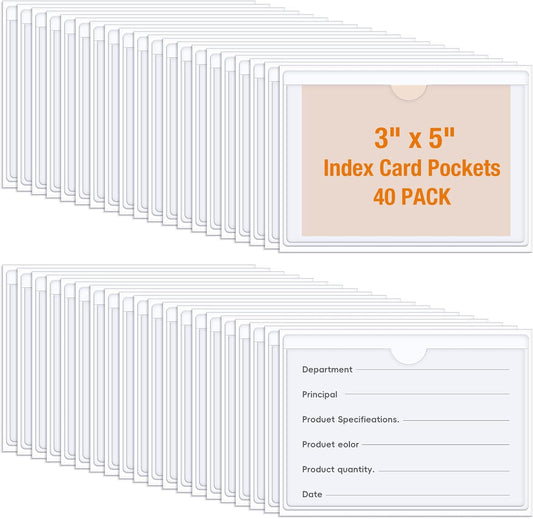 40 PCS Index Card Pockets, Self Adhesive Card Pockets 3"X5" with Top Open, Clear Label Pockets for Storage Bins, Plastic Labels Holders for Organizing, Loading, Drawer,Library Card, Totes (3"X5")