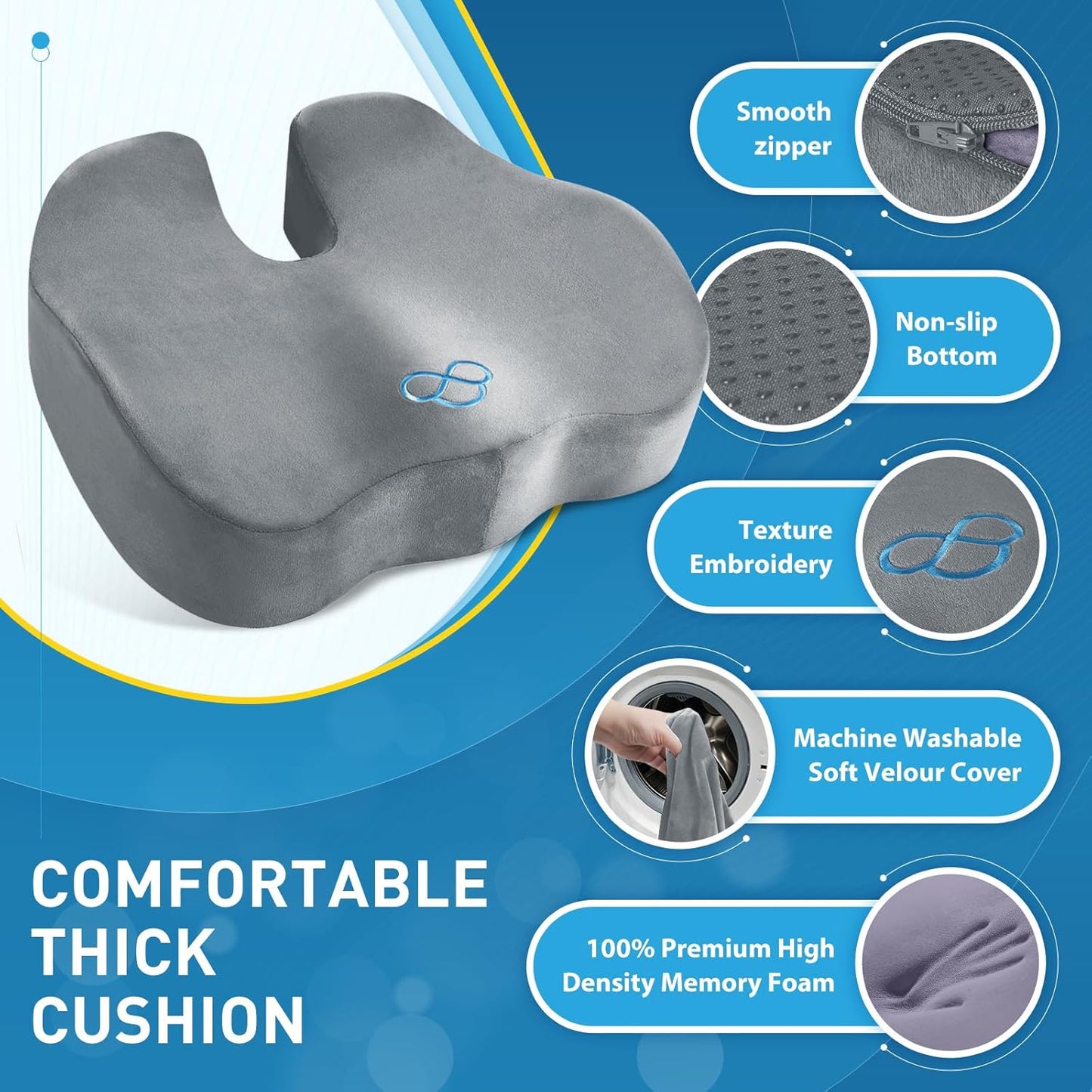 BlissTrends Seat Cushion,5.2in Thick Memory Foam Cushions for Office Chair, Car Seat, Airplane, Relieving Pressure Tailbone Sciatica Back Pain for Long Sitting Office Workers, Car Drivers LightGrey