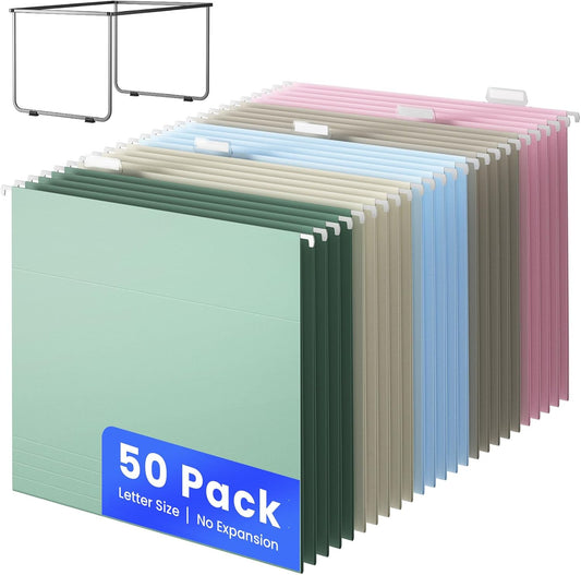 Hanging File Folders Letter Size, 50 Pack File Organizer Folders, 1/5-Cut Tabs with Hanging File Folder Frame, Heavy Duty No Extension, Stay Organized for Your Home and Office Bulk File.