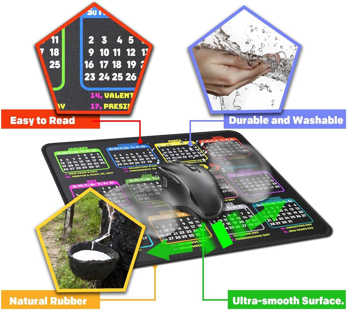 Calendar Mouse Pad 9.5 X 7.8 in, Mouse Pads with Stitched Edges and Non-Slip Rubber Base, Home Office Desk Decor Accessories for Computer Laptop Work Gaming (Black 2025 with Holidays)