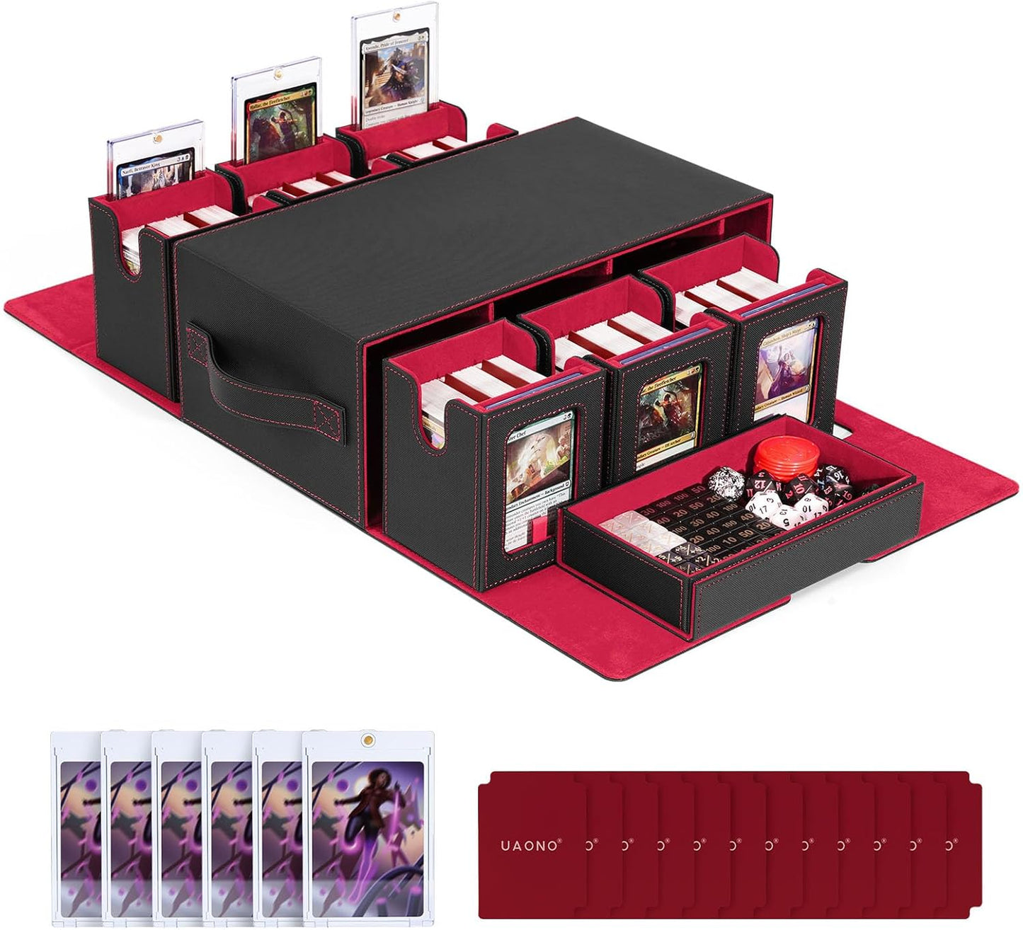 Commander Deck Box for MTG, 6-Deck Modular Card Case with Dice Tray Holds 600+ Double-sleeved Cards, Removable Trading Cards Storage Box with 35PT Magnetic Card Holders for TCG, Black Red
