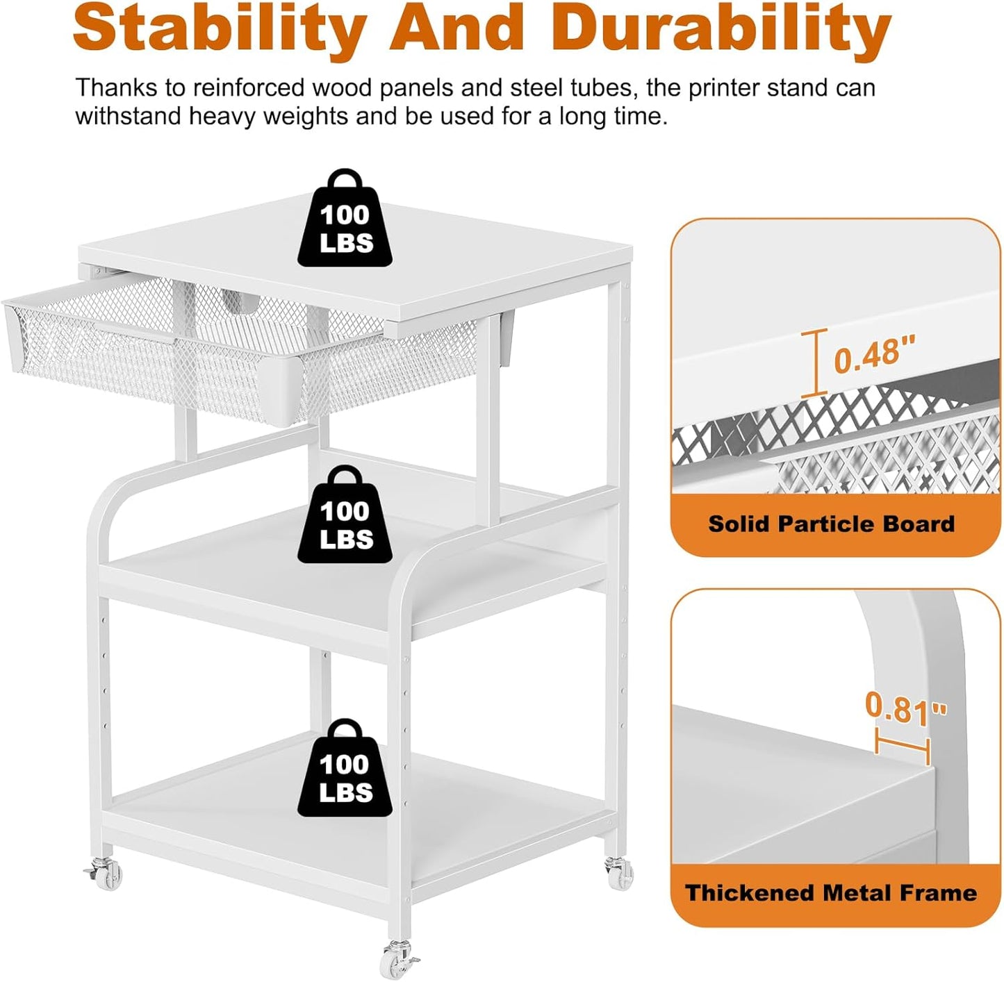 EasyCom Large 3-Tier Rolling Printer Stand with Storage Drawer & 5 Adjustable Shelves Mobile Cart with Industrial Wheels for Home Office Desk Fits 3D Printer, Scanner, and Fax White
