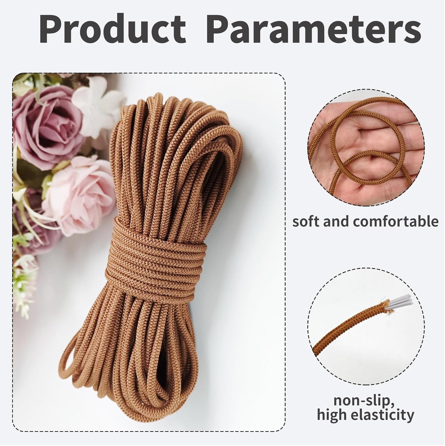 3mm Brown Elastic Cord 45ft - Strong No-Slip Bungee String for Crafts, DIY Projects, Kayak Tie Downs, Camping Gear, Sports Gear, DIY Crafts, Hair Bands, Sewing & Shoe Laces