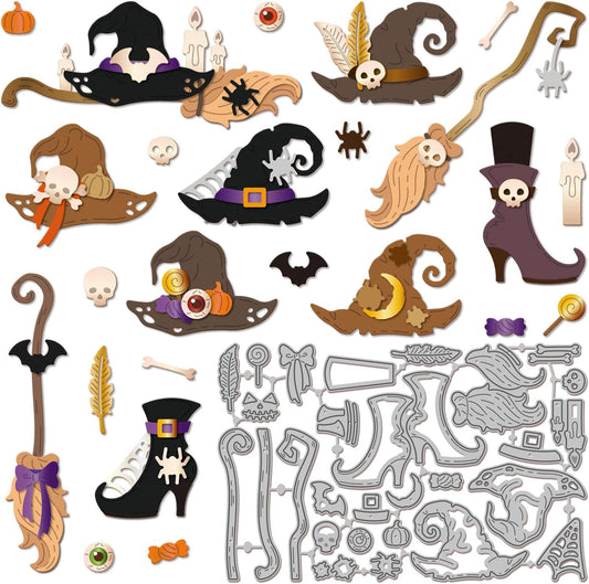 GLOBLELAND Halloween Witch Hat and Shoes Cutting Dies for Card Making Magic Broom Cut Die for DIY Scrapbooking Journal Embossing Paper Craft Decor