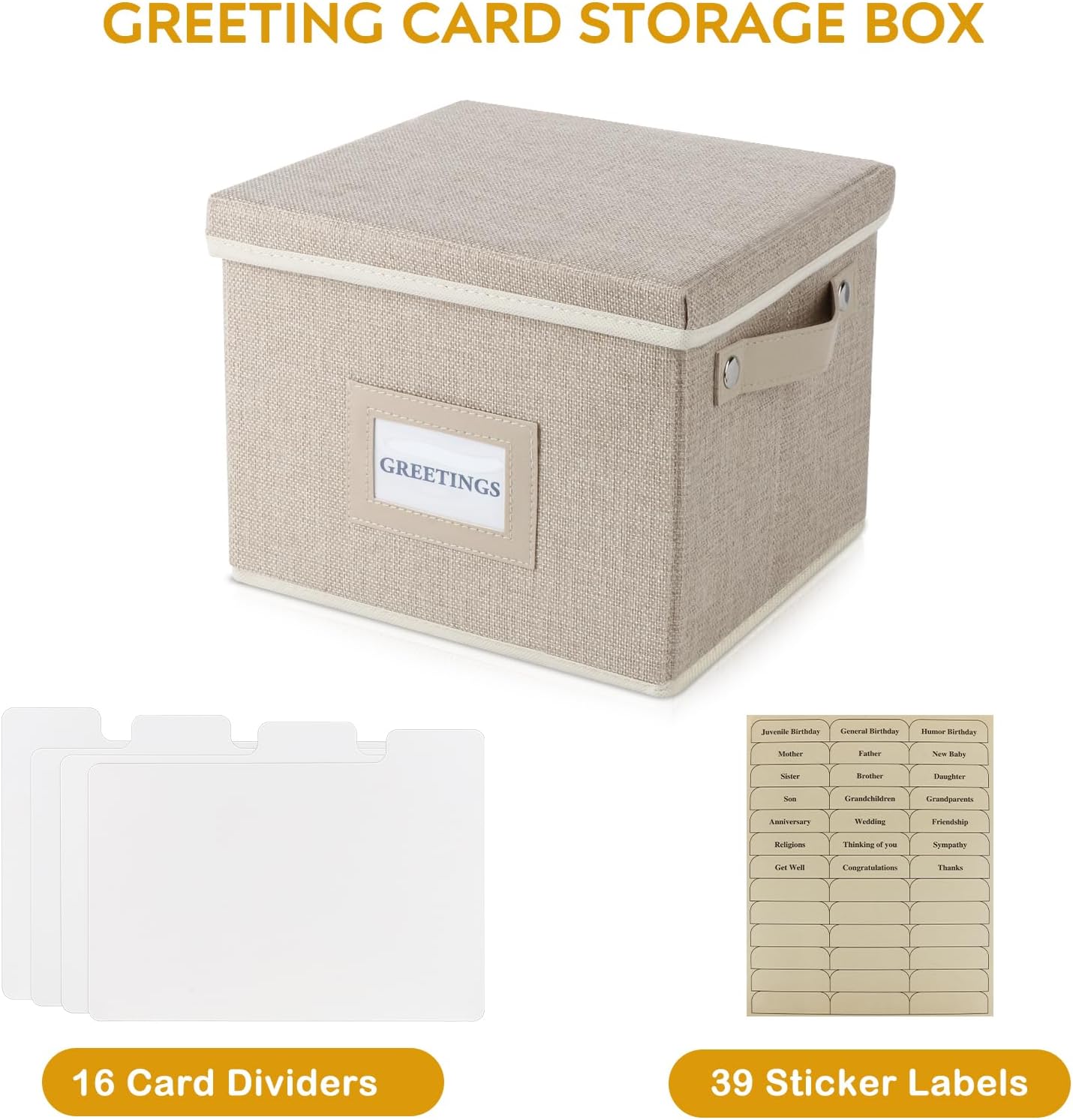 Greeting Card Organizer Box with 16 Dividers,Collapsible Greeting Card Storage Box with Handles Hold 150+ Cards,Greeting Card Holder for Greeting Cards,Sticker, Recipes, Photo, Envelope (Beige, 1 pcs)