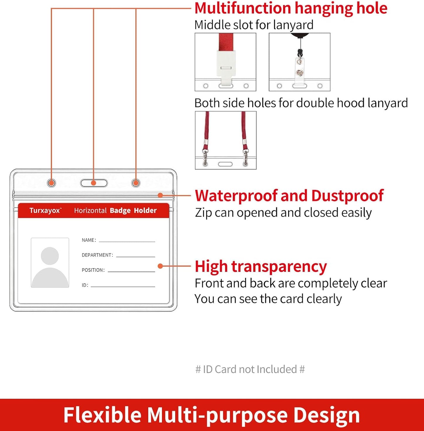 50 Pack Horizontal Clear Name ID Badge Holder for Lanyards