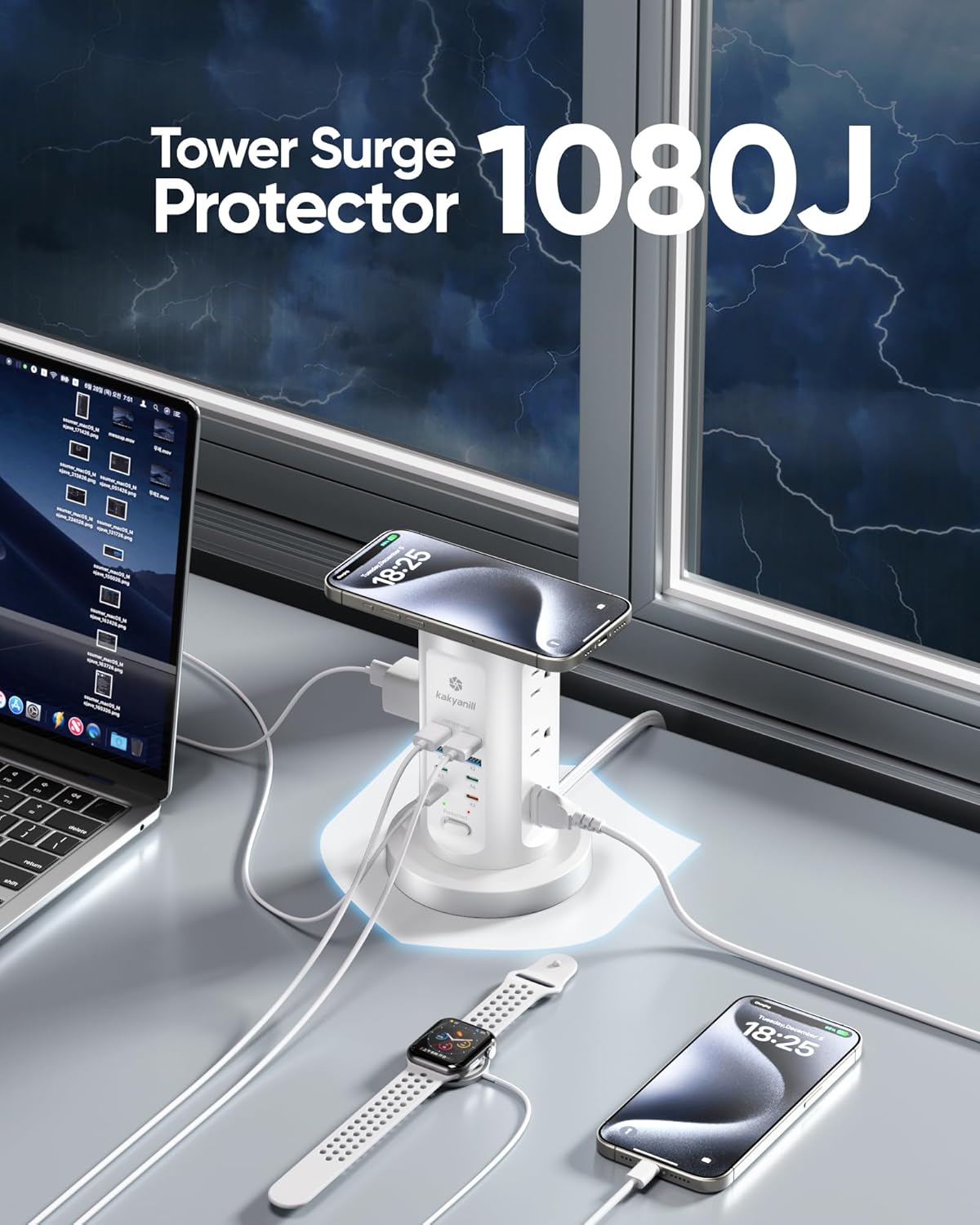 115W USB Charging Station, Surge Protector Power Strip Tower, 9 AC Outlets with 8 USB Ports(4 USB-C), 6Ft Flat Plug Retractable Extension Cord, for Home Office Dorm, White