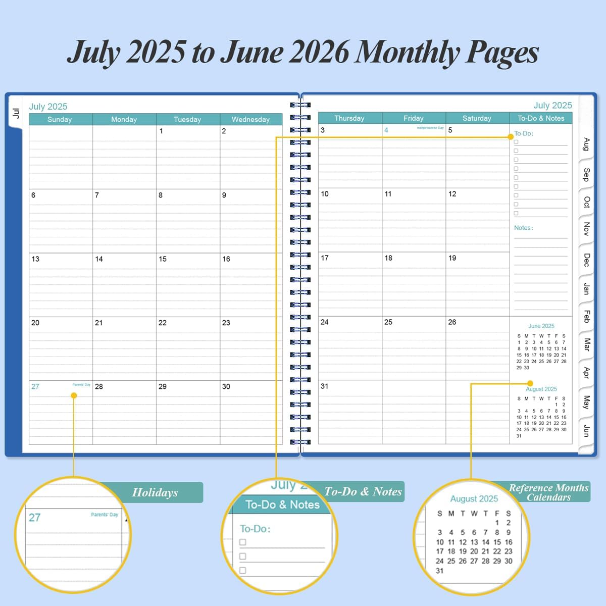 2025-2026 Planner - Academic Planner 2025-2026 from July 2025 to June 2026 with 12 Monthly Tabs, Flexible Cover, Inner Pocket, 8.5" x 11", Blue