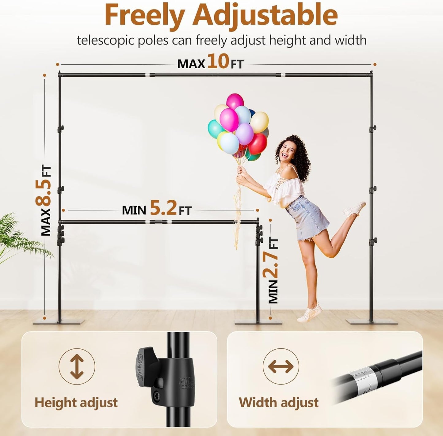 EMART Backdrop Stand, 8.5ft Height 10ft Width Adjustable Photography Background Support Poles with Heavy Duty Flat Base, Photo Metal Steel Pipe and Drape Frame Kit for Parties Birthday Wedding - Black