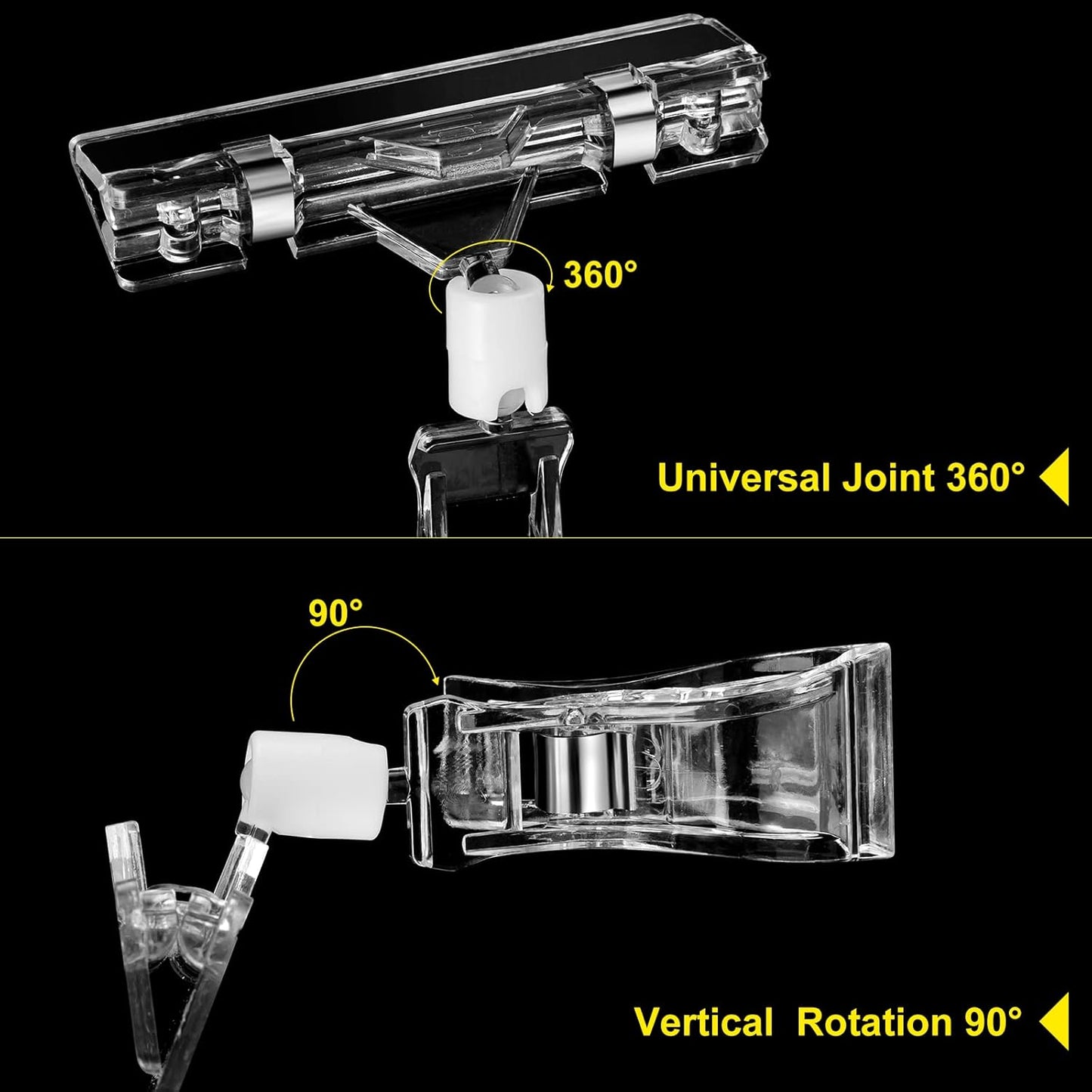 60 Pieces Rotating Clip on Sign Holder Plastic Merchandise Retail Display Sign Clip Holder with Clamp Pop Swivel Rack Card Sign Business Store Price Tags Sign Holder