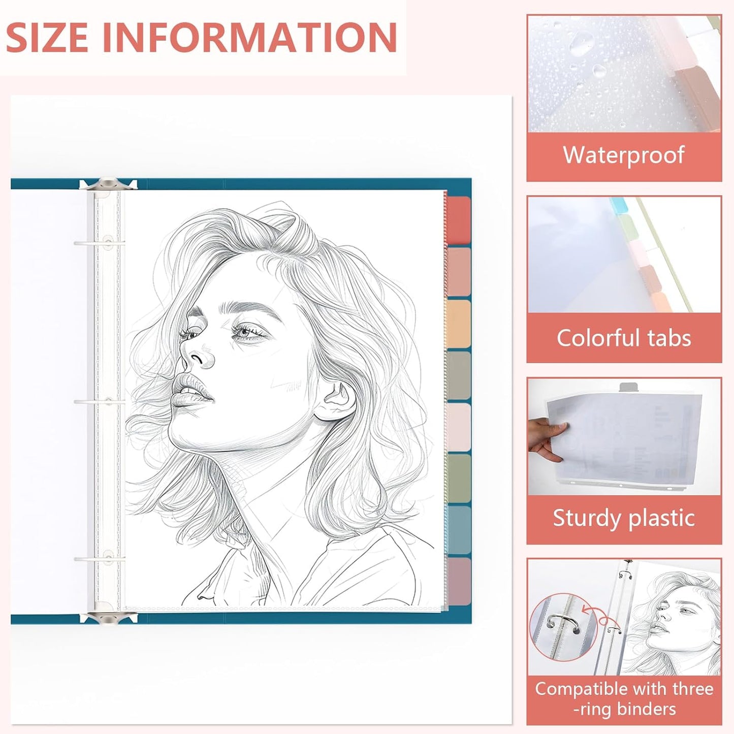 8 Set of 64 Pack Clear Binder Sheet Protectors for 3 Ring Binder Plastic Page Protector with 8 Tabs,Insertable Index Page Divider 8.5x11 Inch(Vintage)